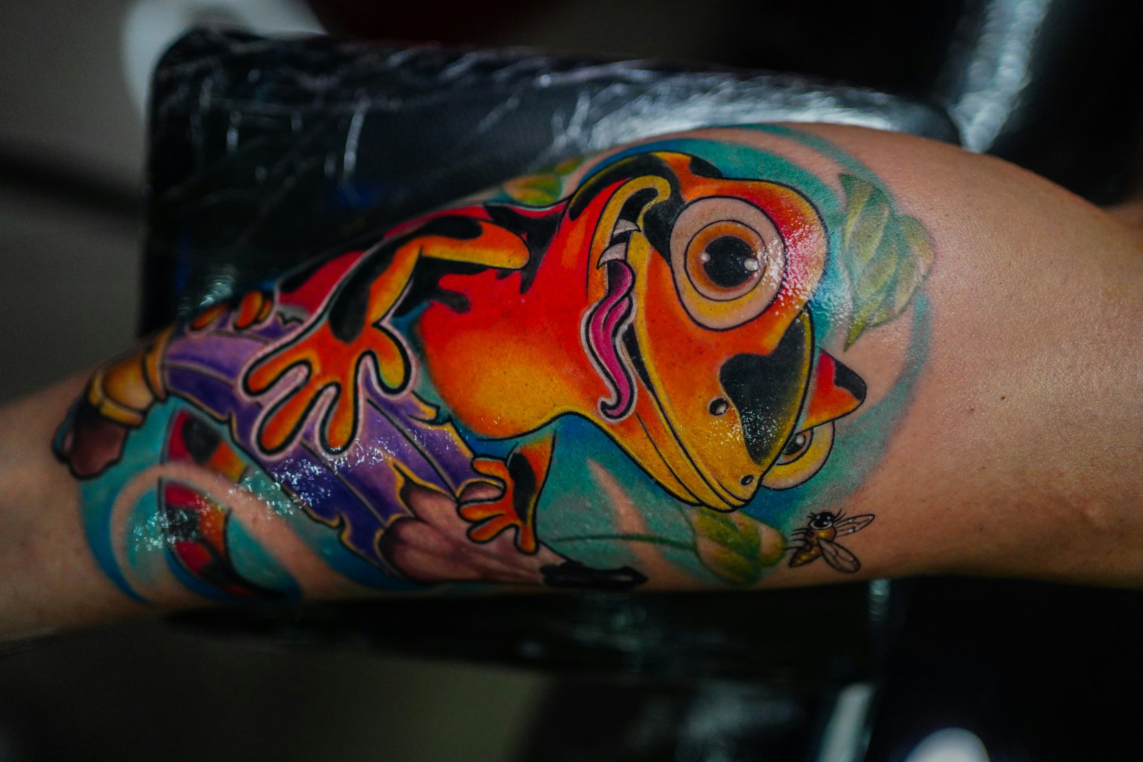 Tatuaje neo tradicional a color muy saturado de una rana